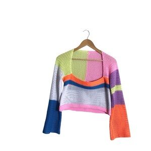 Crochet Colorblock Medium Square‎ Neck Cropped Top Rave Festival Boho